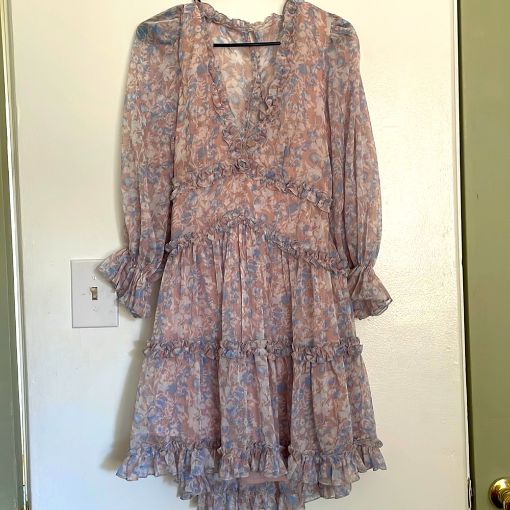 Aura Pink and Blue Floral Ruffle Mini Dress